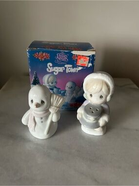 Precious Moments White and Pink Snowman & Girl Figurine Salt & Pepper Set